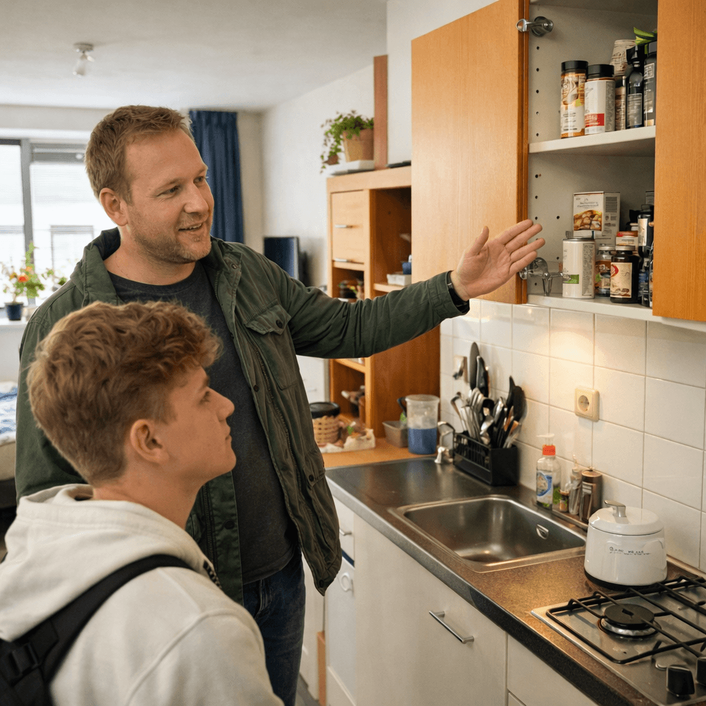 Een man geeft uitleg aan een jongen over de inhoud van een keukenkastje.