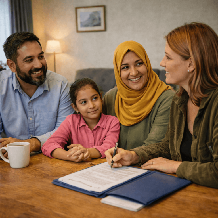 Een vrouw helpt een gezin met migratieachtergrond door begeleiding en advies