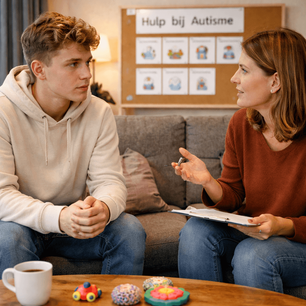 Een jongen met autisme die begeleiding ontvangt van een begeleidster.