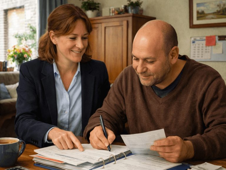 Een man en vrouw aan tafel praten en zijn samen met papierwerk bezig.